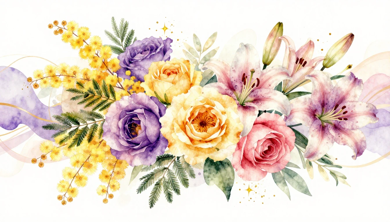 A vibrant and elegant watercolor painting featuring a divers...