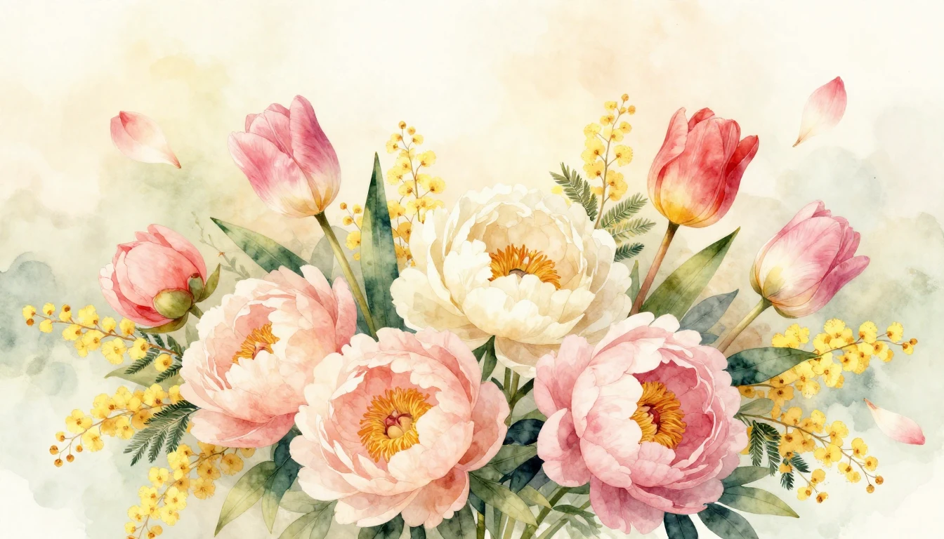 A beautiful watercolor illustration of a lush bouquet featur...