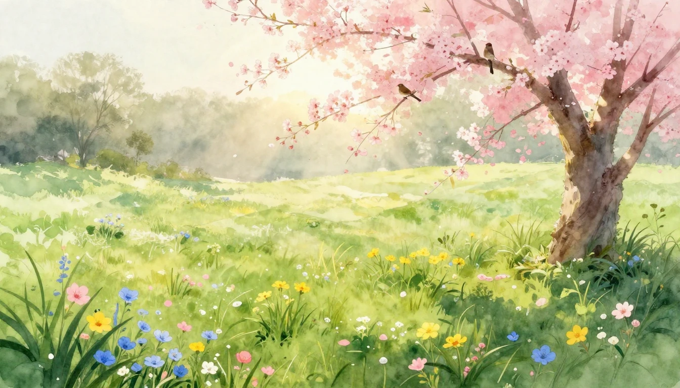 A vibrant watercolor painting of a lush green meadow at sunr...