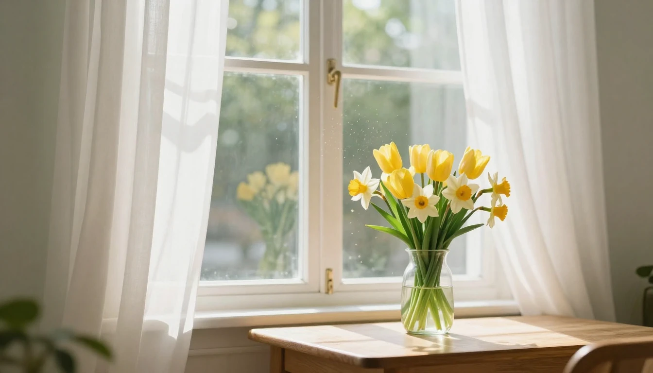 A bright and airy scene of a sunlit room with open windows. ...