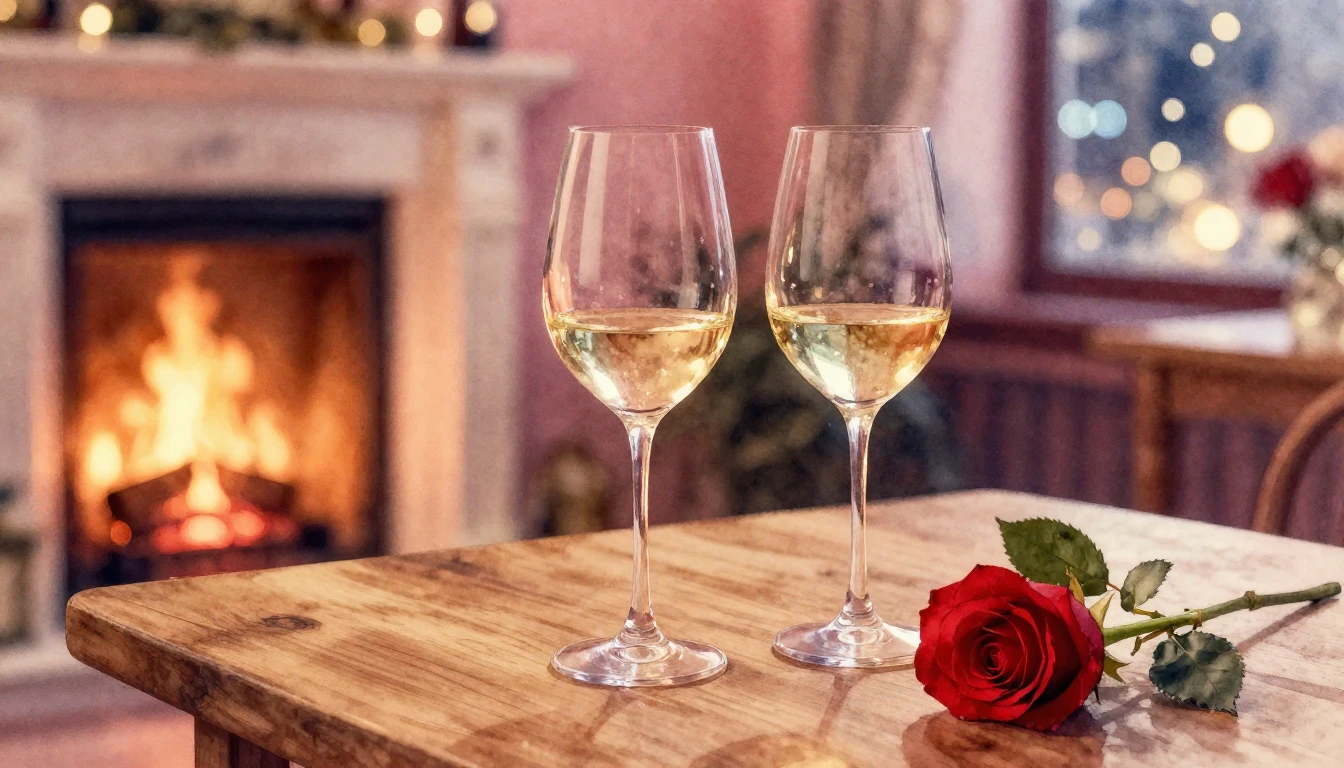 A dreamy watercolor painting of two elegant wine glasses sit...