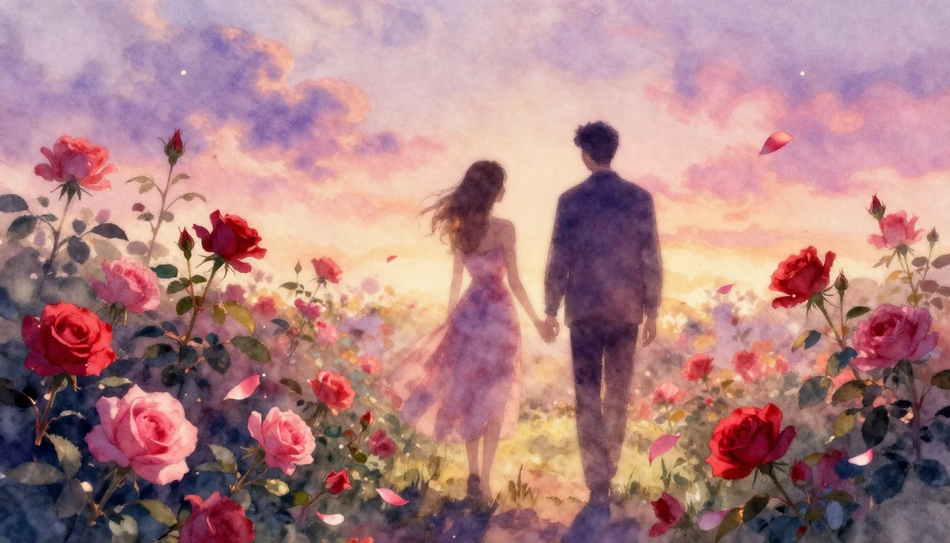 A delicate watercolor painting of two silhouettes walking th...