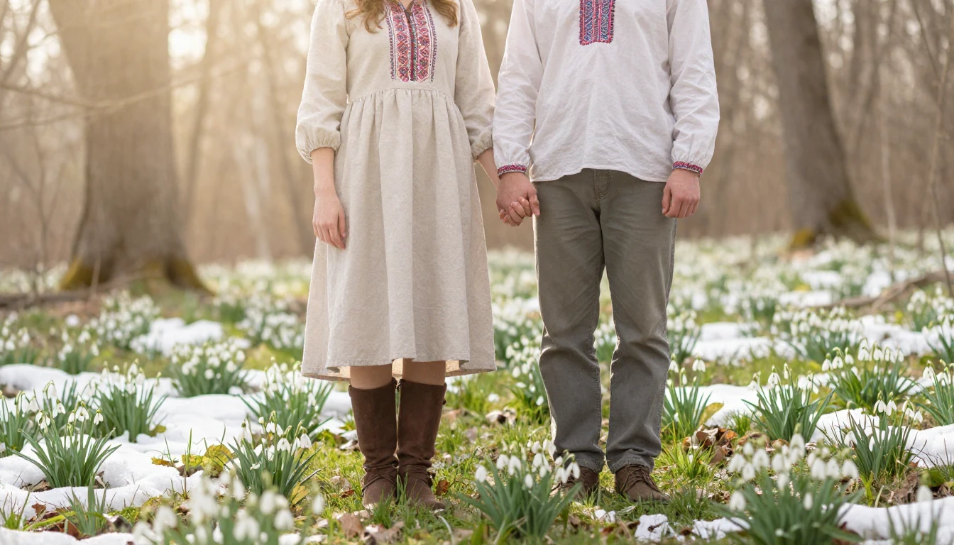 A romantic and ethereal scene depicting a young couple stand...