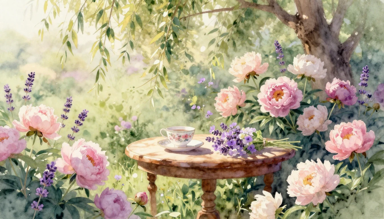 A beautiful watercolor painting of a cozy sunlit garden fill...