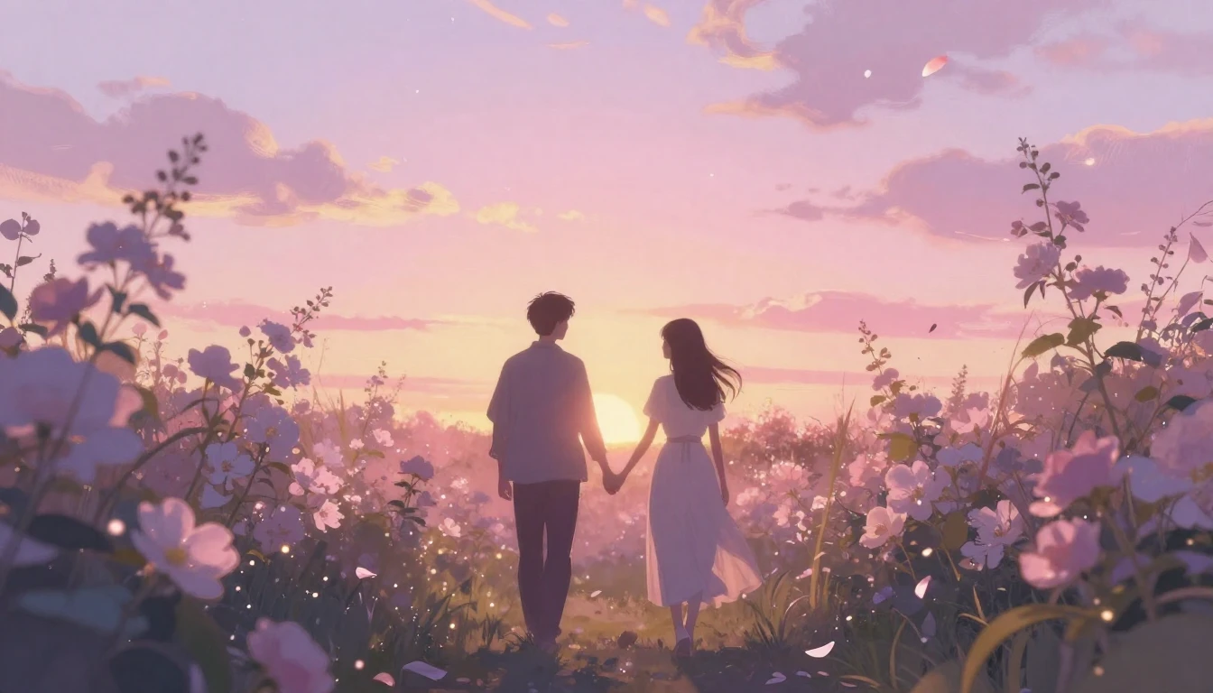 A dreamy and ethereal scene of two silhouettes walking throu...