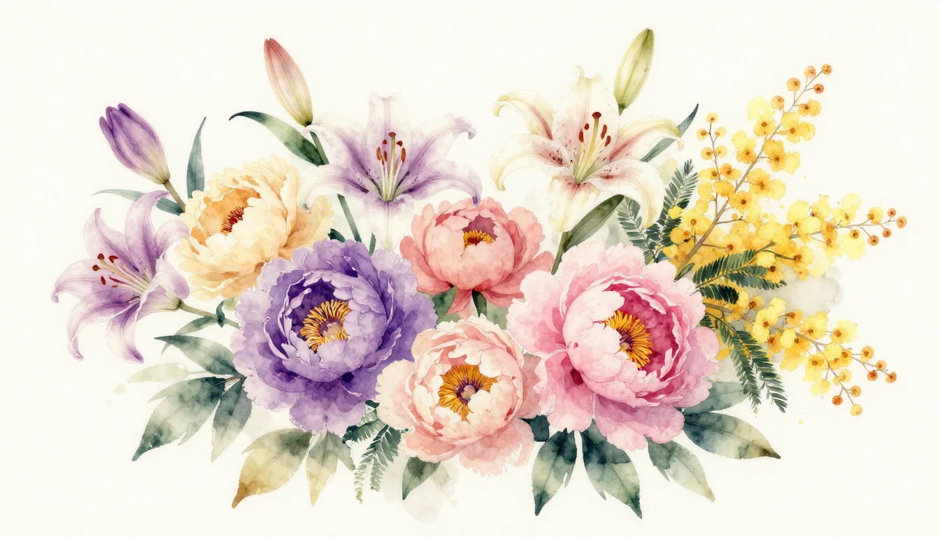A beautiful watercolor painting featuring a variety of bloom...