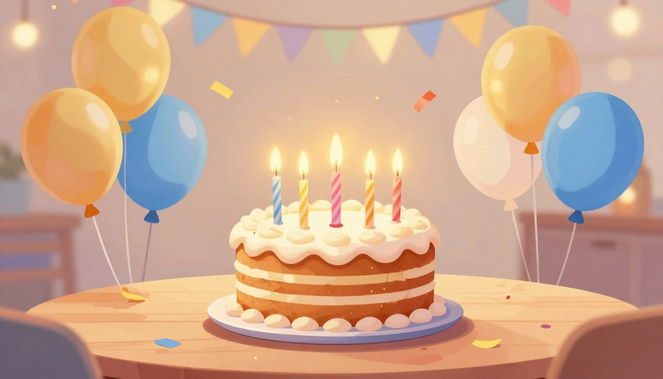 A warm and festive illustration celebrating a birthday. In t...