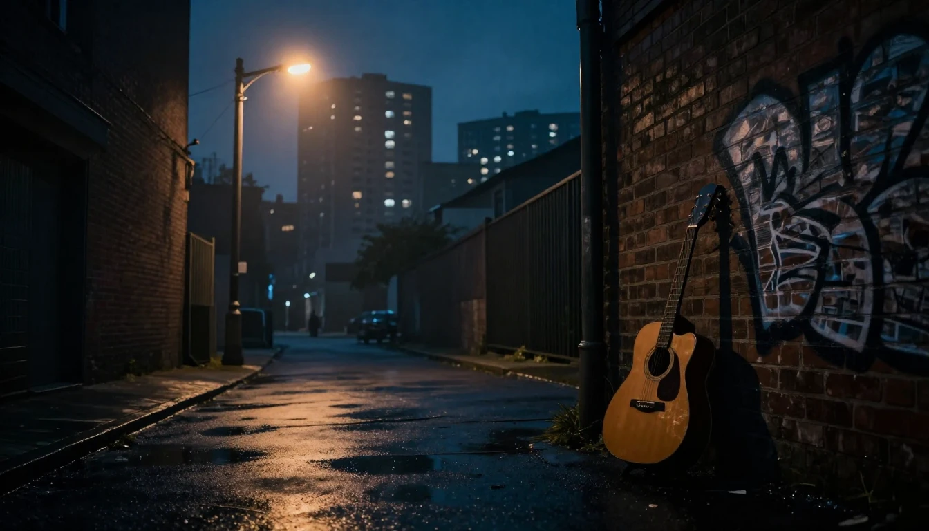 A moody, atmospheric scene of a dimly lit urban alleyway at ...