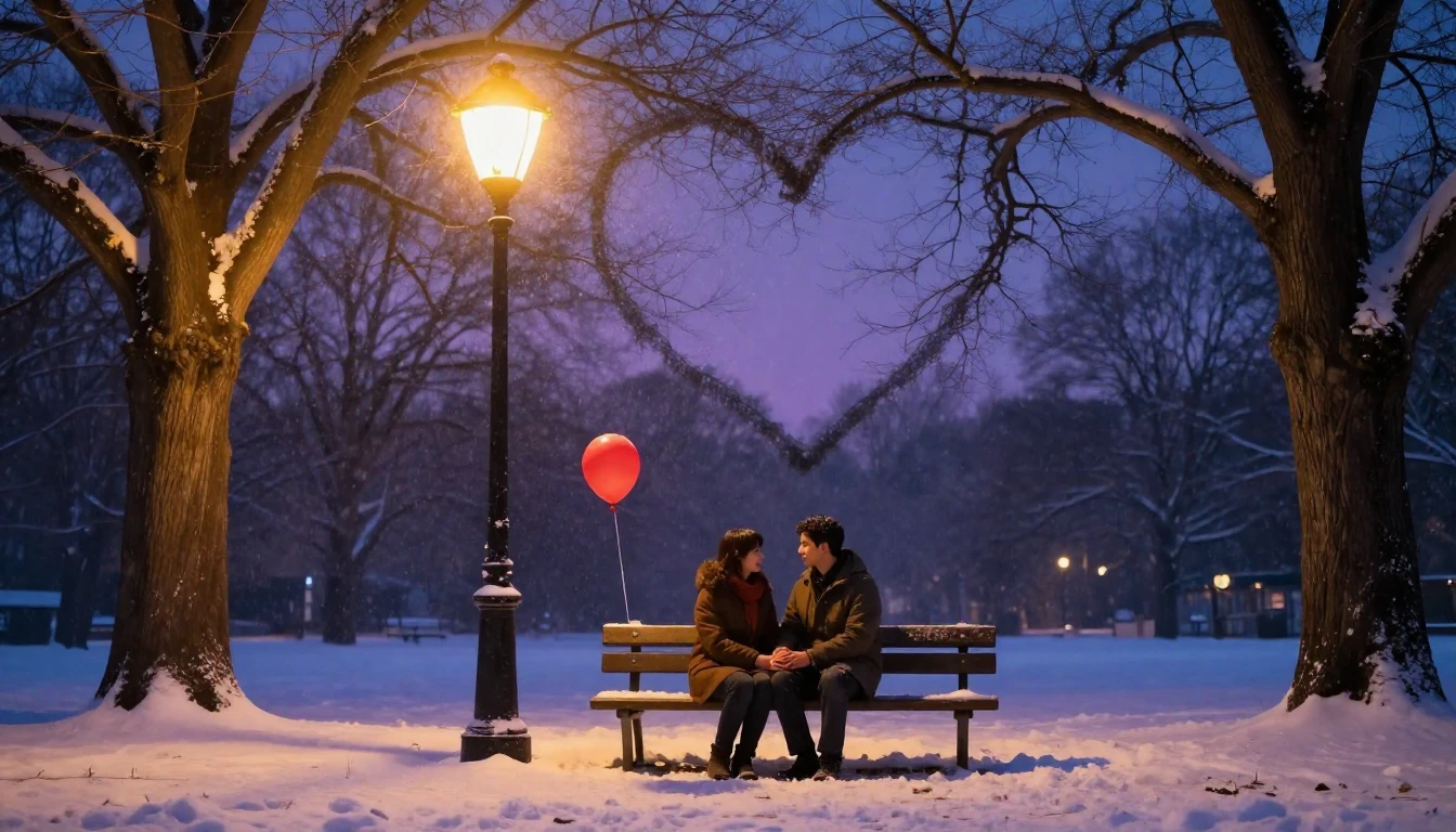 A soft and romantic scene of a couple sitting on a wooden be...