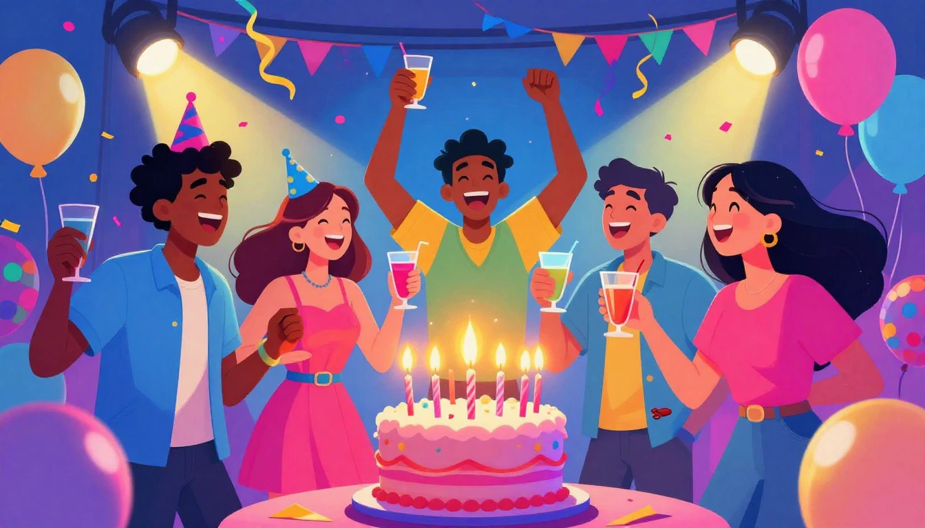 A vibrant and energetic digital art illustration of a birthd...