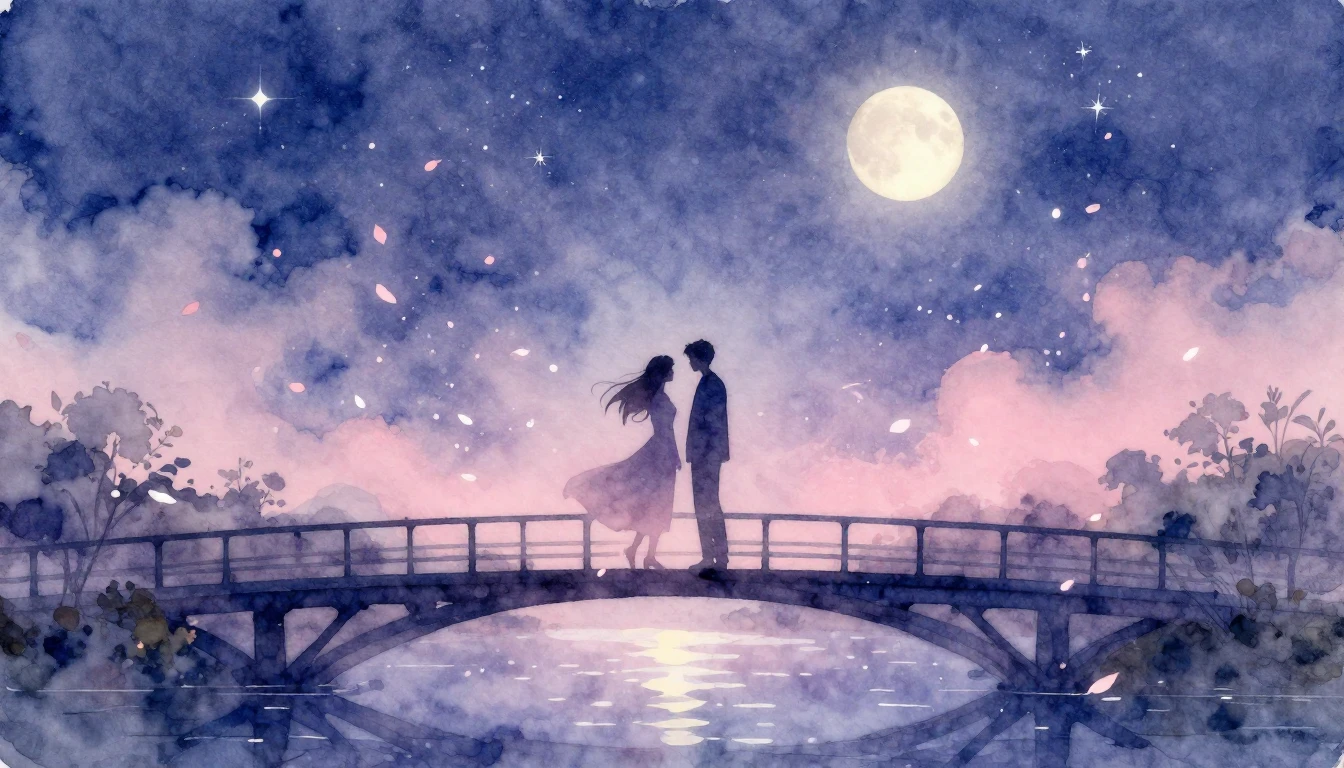 A beautiful and soft watercolor painting depicting two silho...