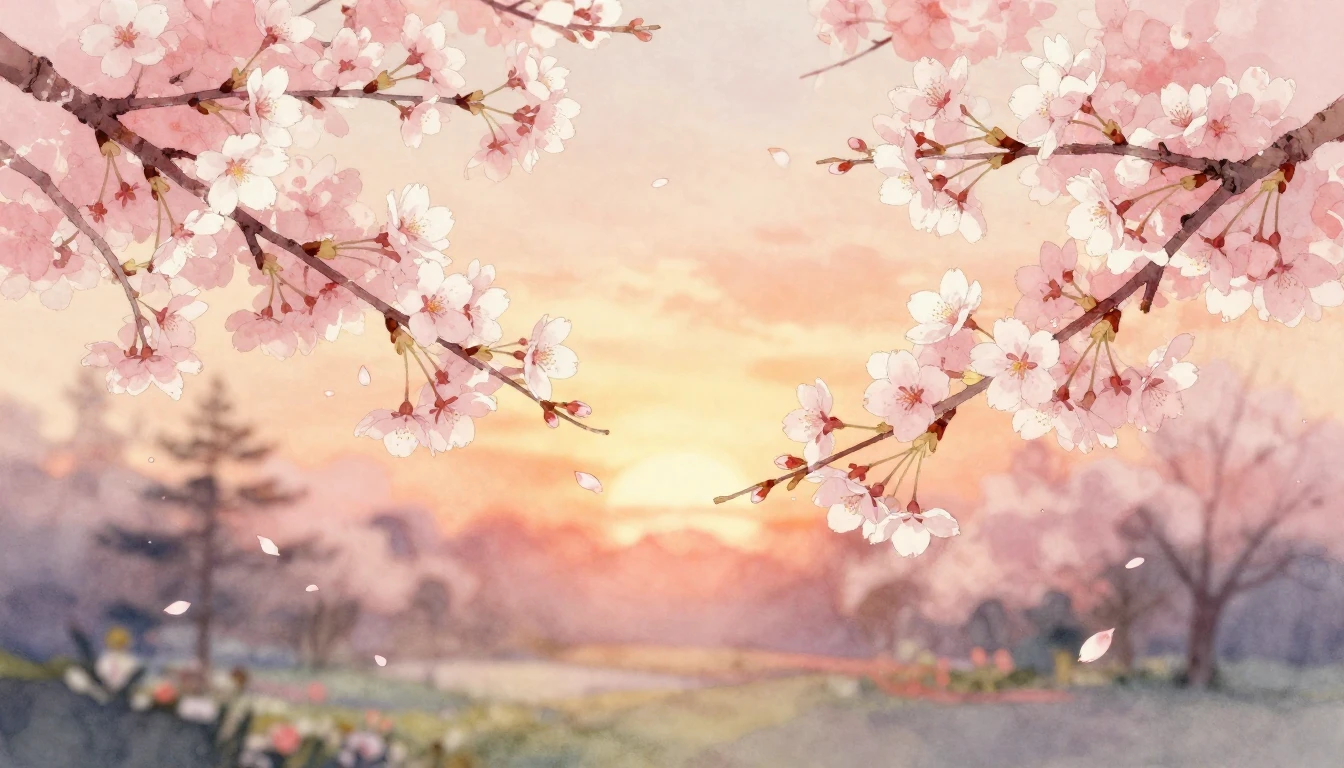 A soft watercolor painting of two delicate cherry blossom br...