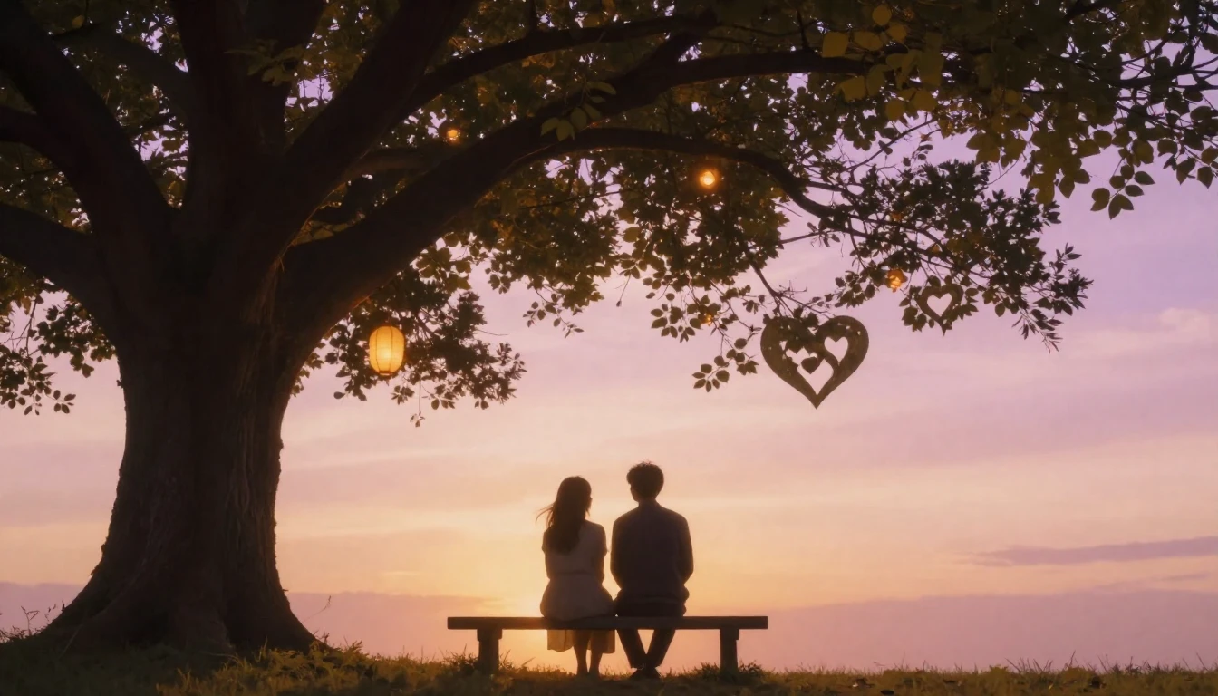A romantic and dreamy scene featuring two silhouettes sittin...