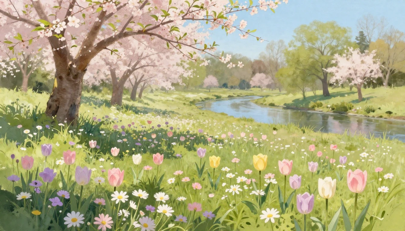 A serene meadow during early spring, filled with delicate wi...