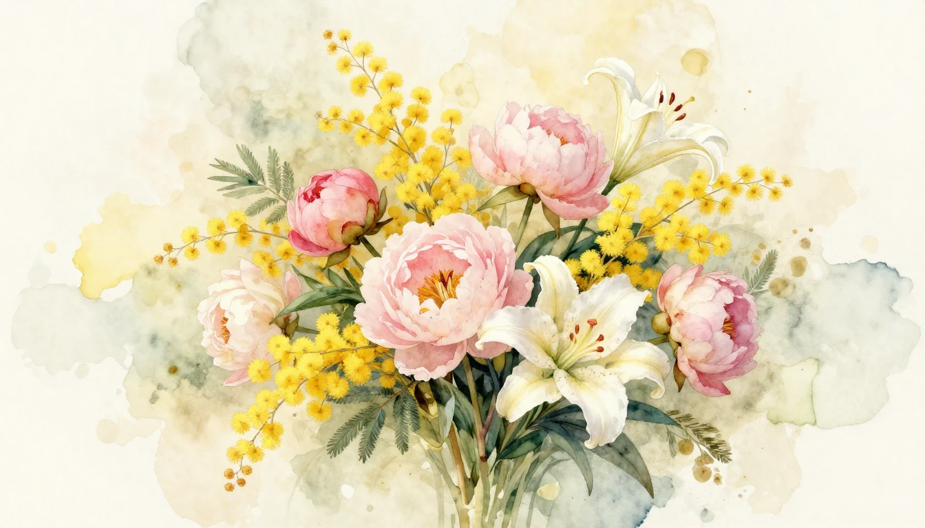 A delicate watercolor painting of a lush bouquet featuring b...