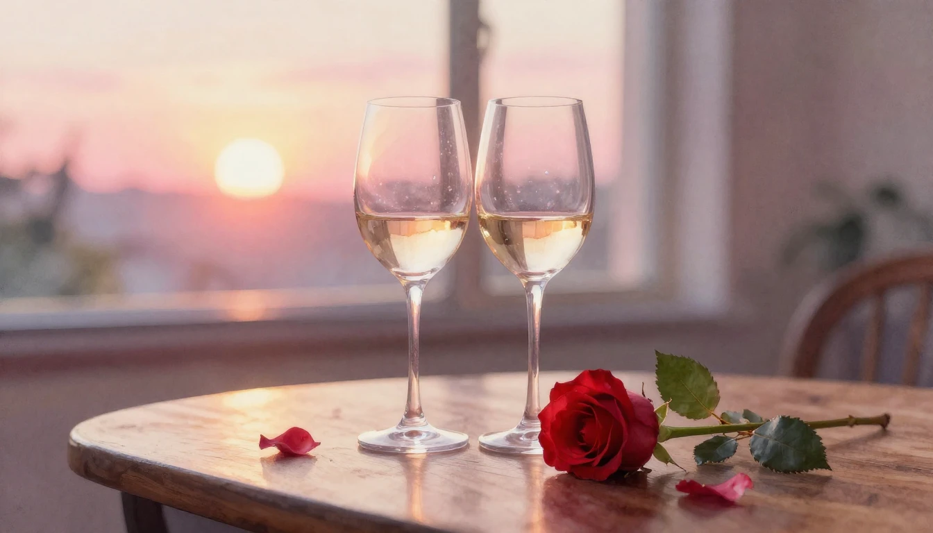 A soft watercolor painting of two elegant wine glasses sitti...