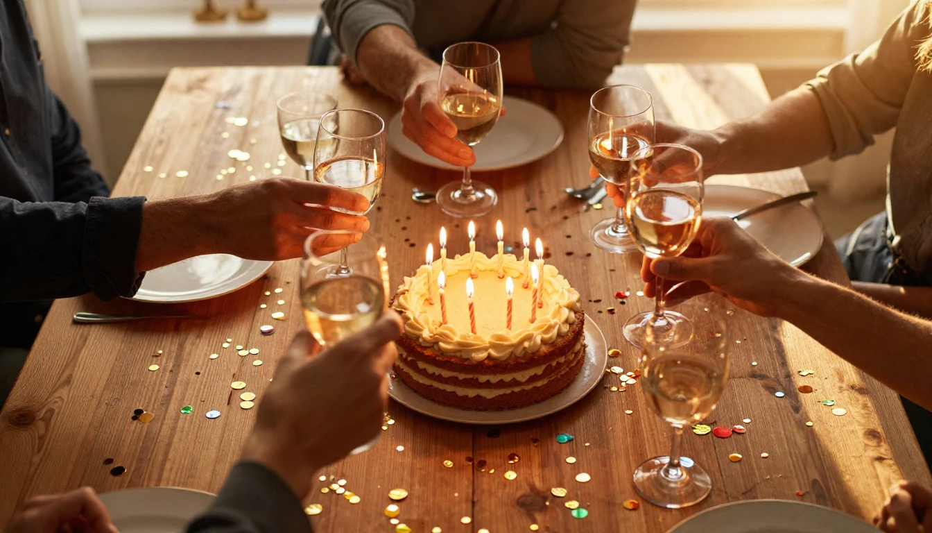 A warm and festive birthday scene viewed from above a wooden...