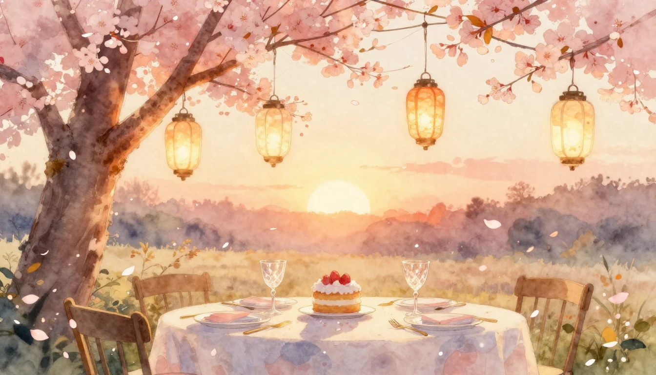 A beautiful watercolor painting of a festive table setting o...