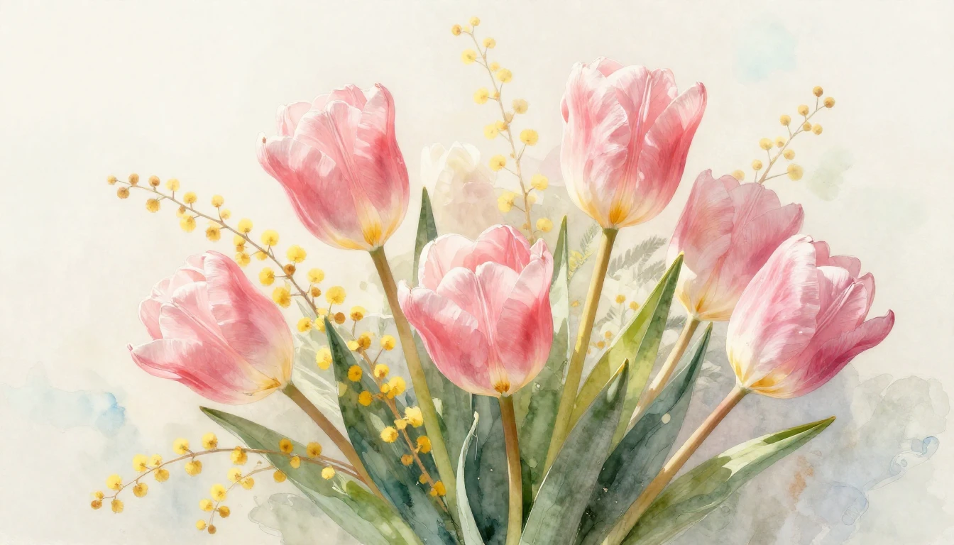 A beautiful composition featuring soft pink tulips and yello...