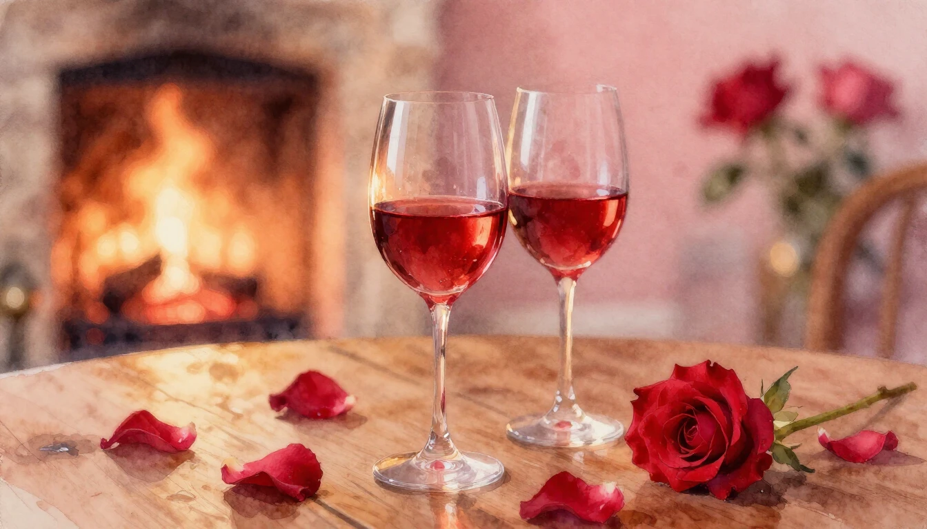 A soft watercolor painting of two elegant wine glasses on a ...