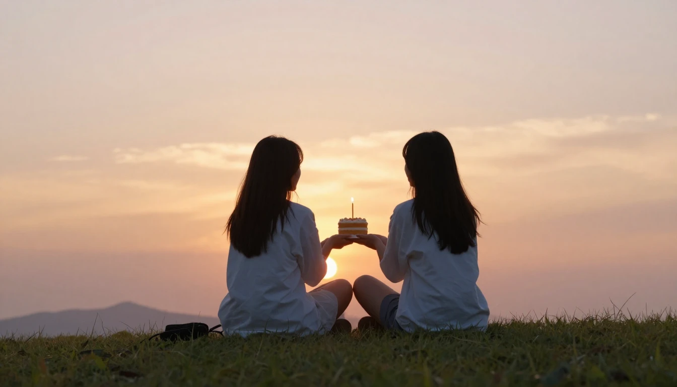 Two best friends sitting side by side on a grassy hill overl...