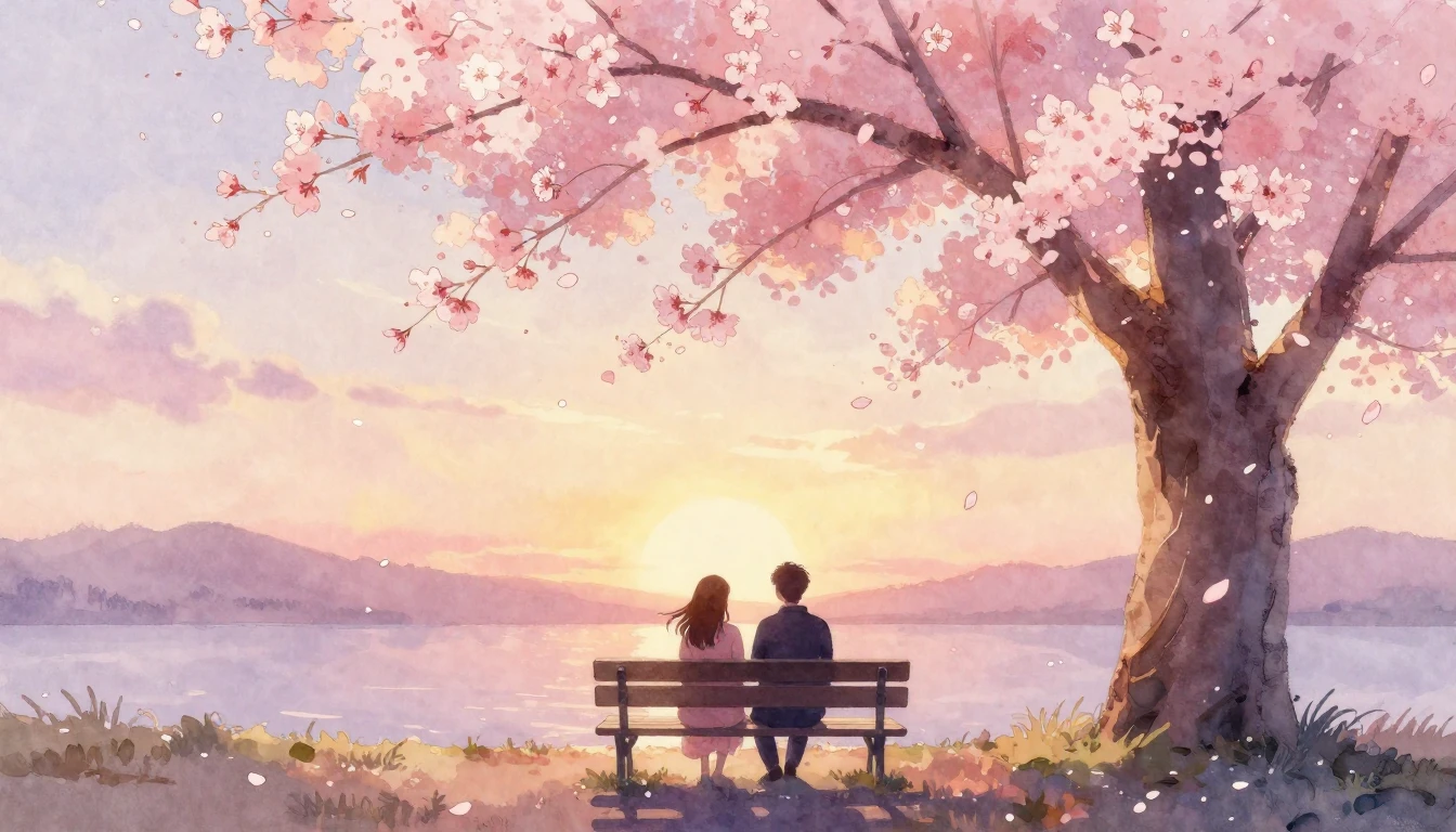 A dreamy watercolor painting of two silhouettes sitting toge...