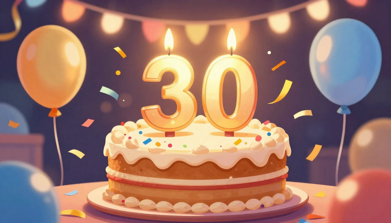 A vibrant and festive illustration celebrating a 30th birthd...