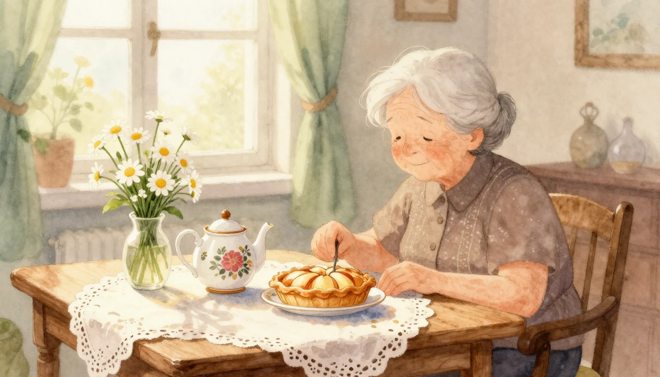 A heartwarming watercolor illustration of an elderly grandmo...