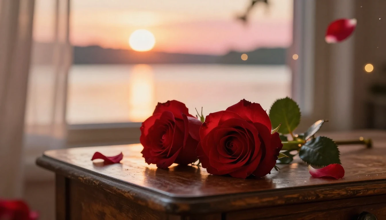 A beautiful and delicate scene featuring two intertwined red...