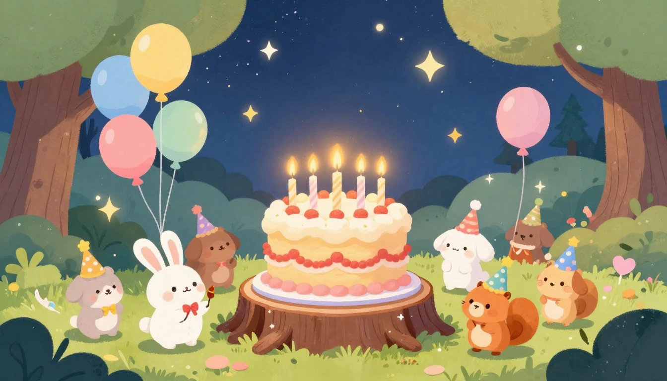 A whimsical and colorful illustration of a birthday party in...