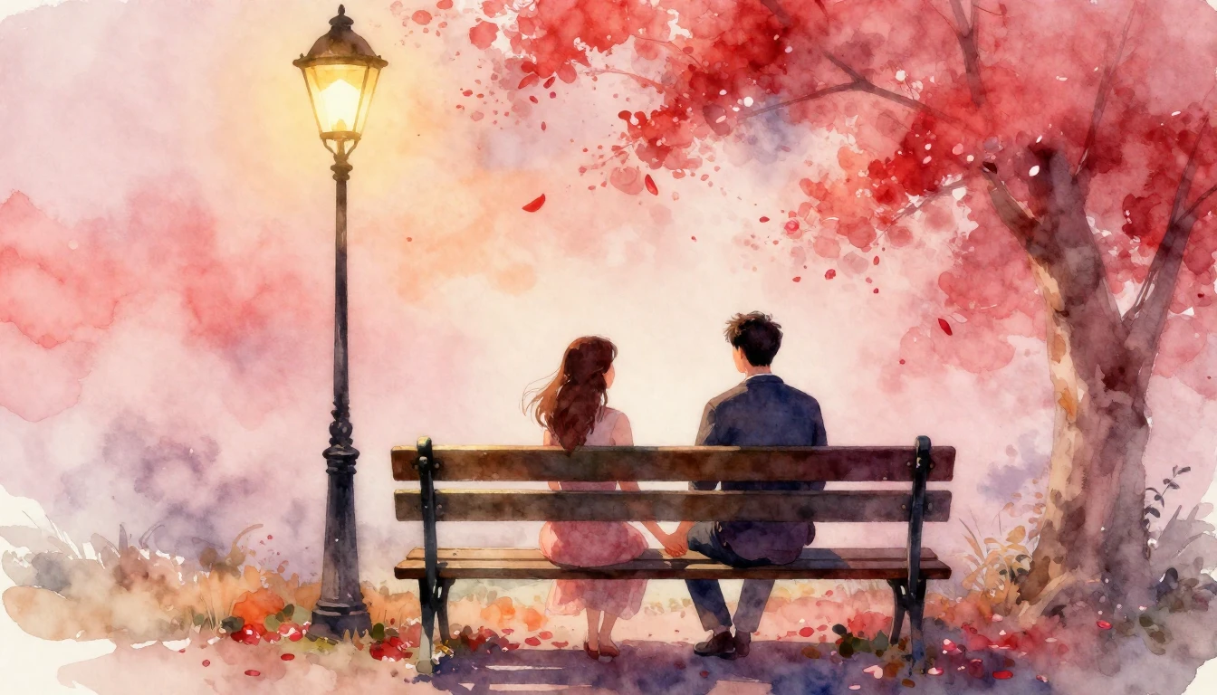 A romantic and dreamy watercolor painting of a couple holdin...