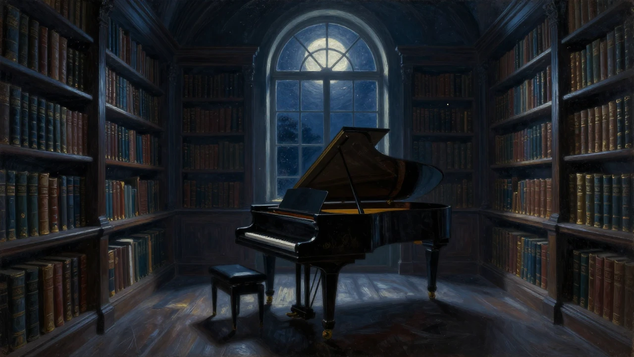 An evocative oil painting of a grand, dimly lit library at m...