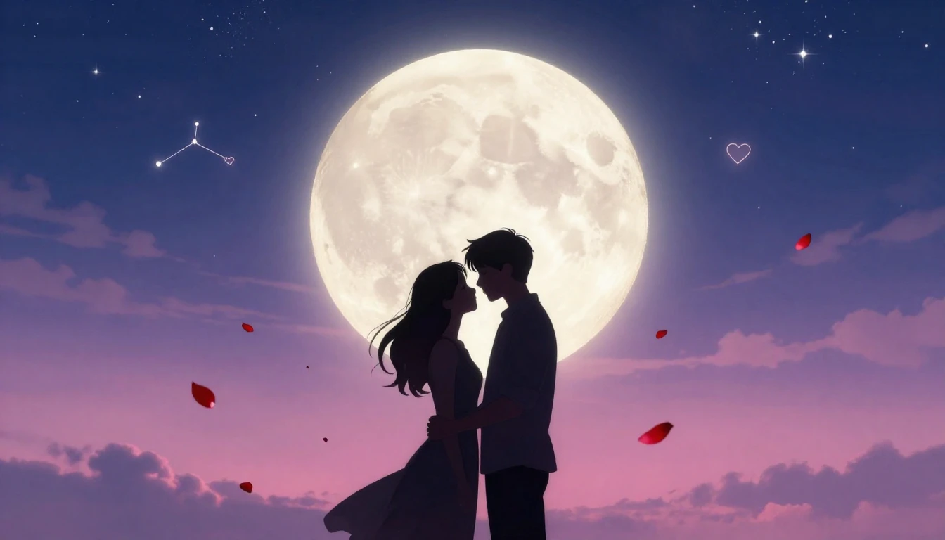 A romantic and atmospheric illustration of a couple silhouet...