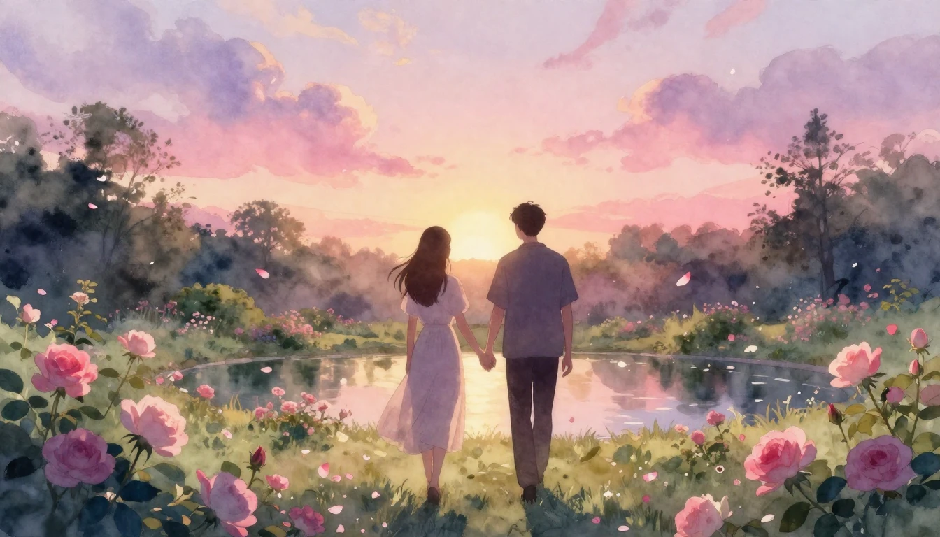 A dreamlike watercolor painting of two silhouettes walking h...