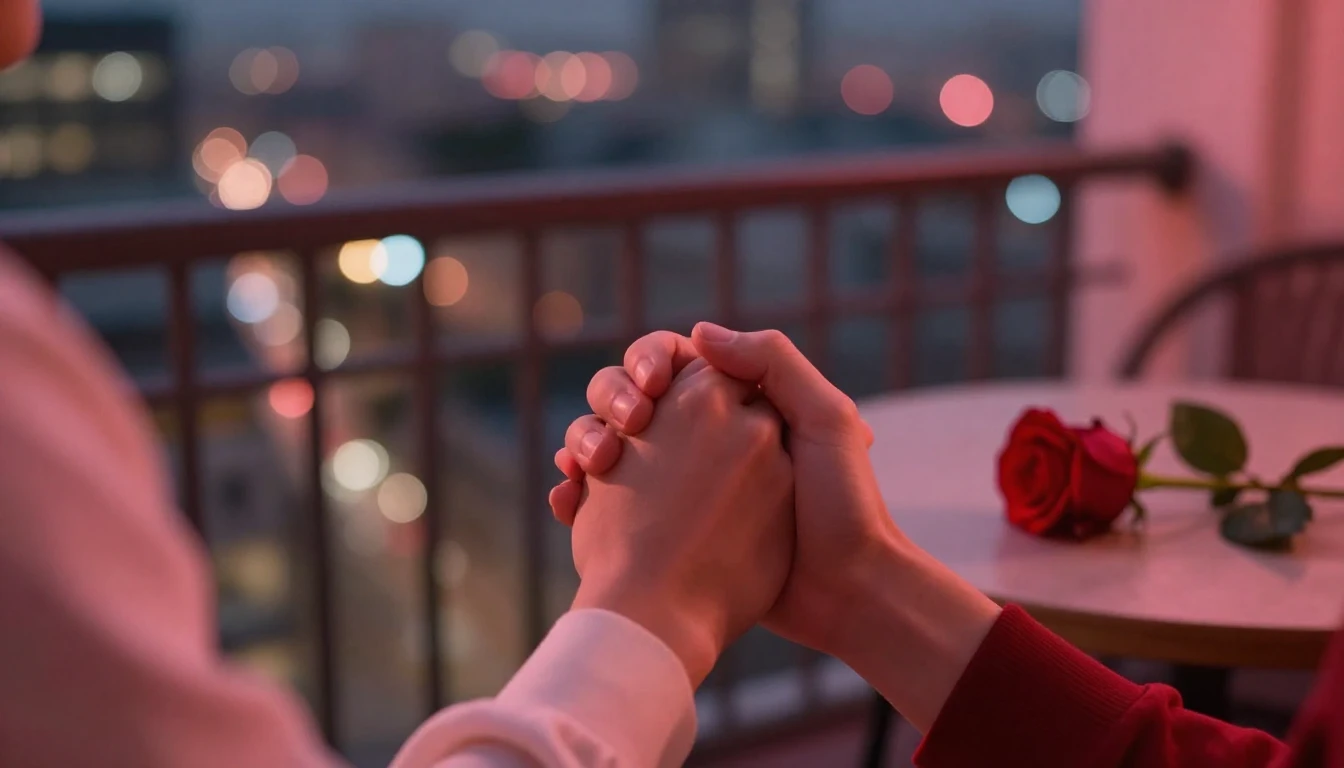 A close-up, romantic scene of a couple holding hands on a ba...