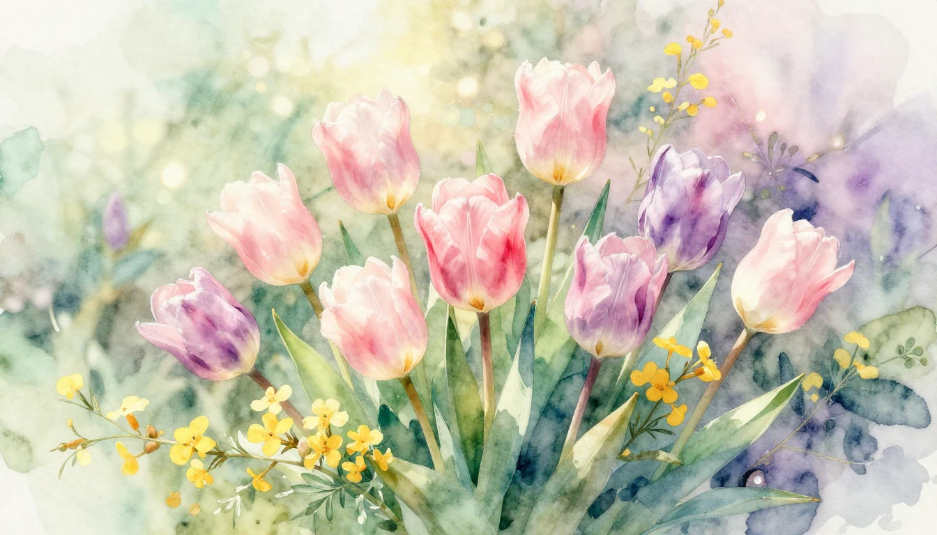 A delicate watercolor painting of a blooming spring garden. ...
