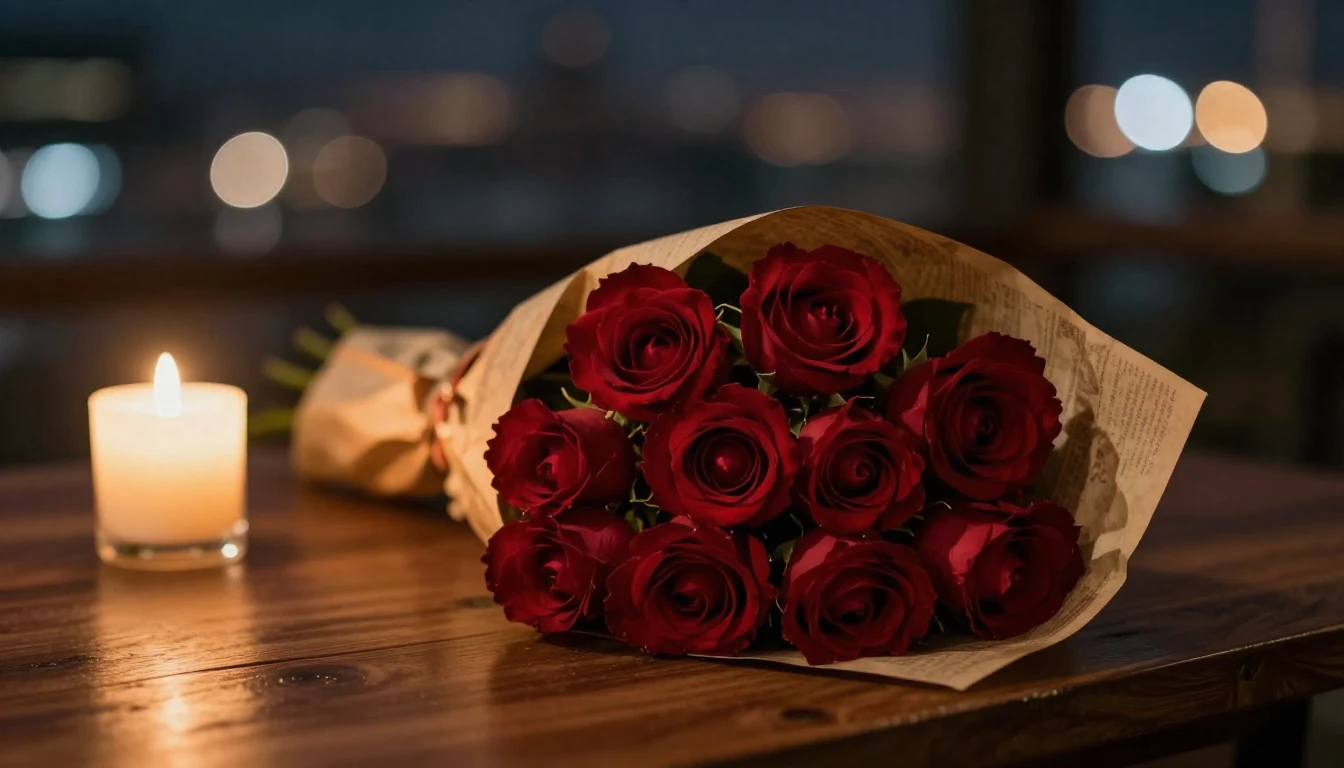 A romantic cinematic close-up of a bouquet of deep red roses...