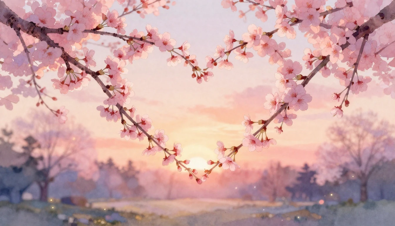 A delicate watercolor painting of two intertwined cherry blo...