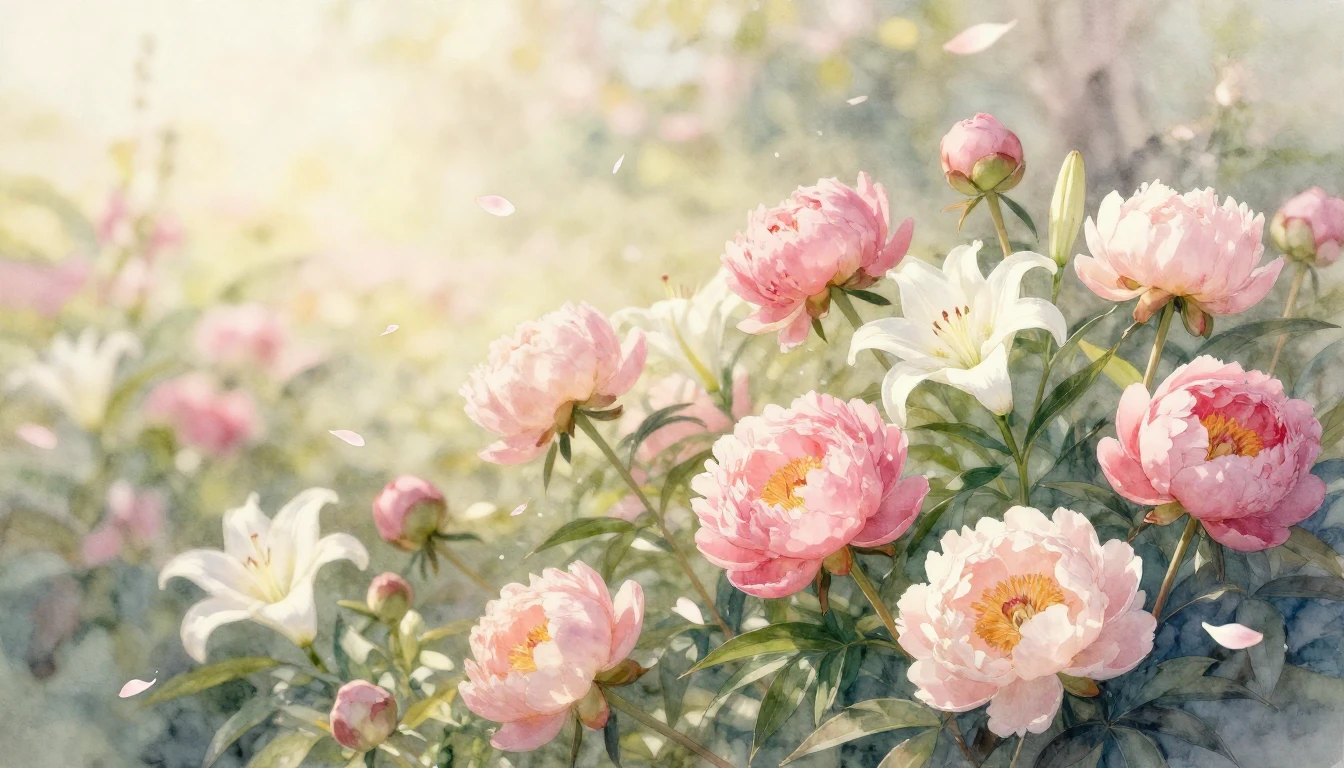 A soft and ethereal watercolor painting depicting a blooming...