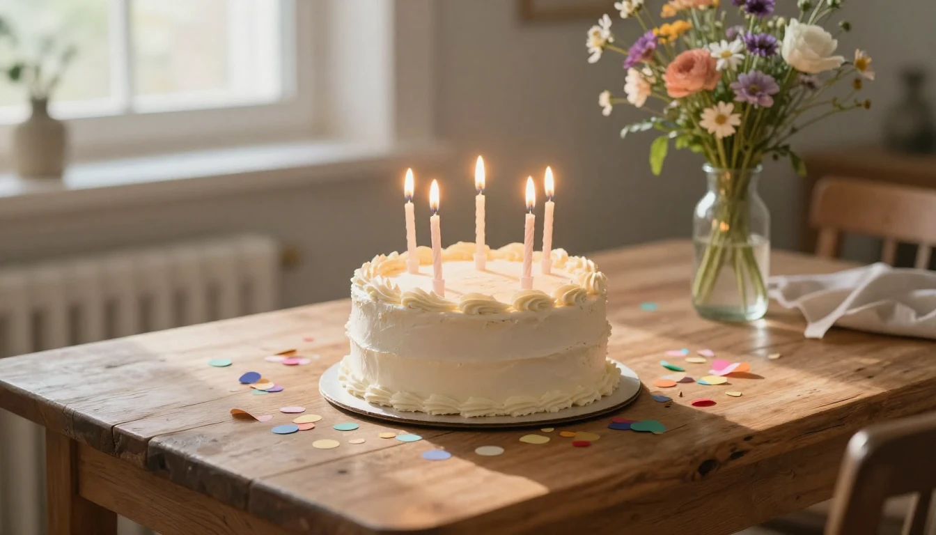 A close-up view of a rustic wooden table set for a birthday ...