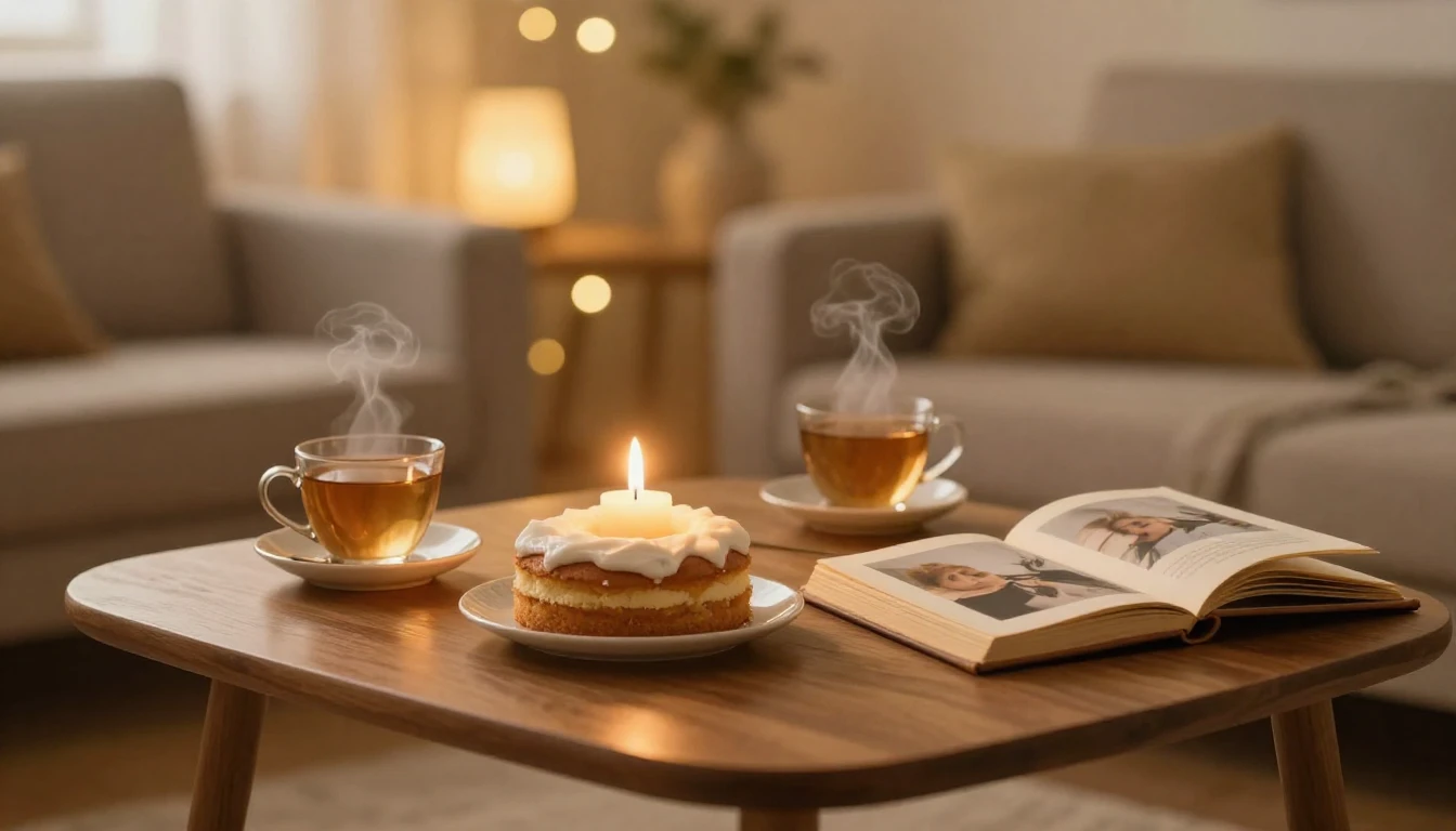 A cozy scene featuring a small wooden table with a single gl...