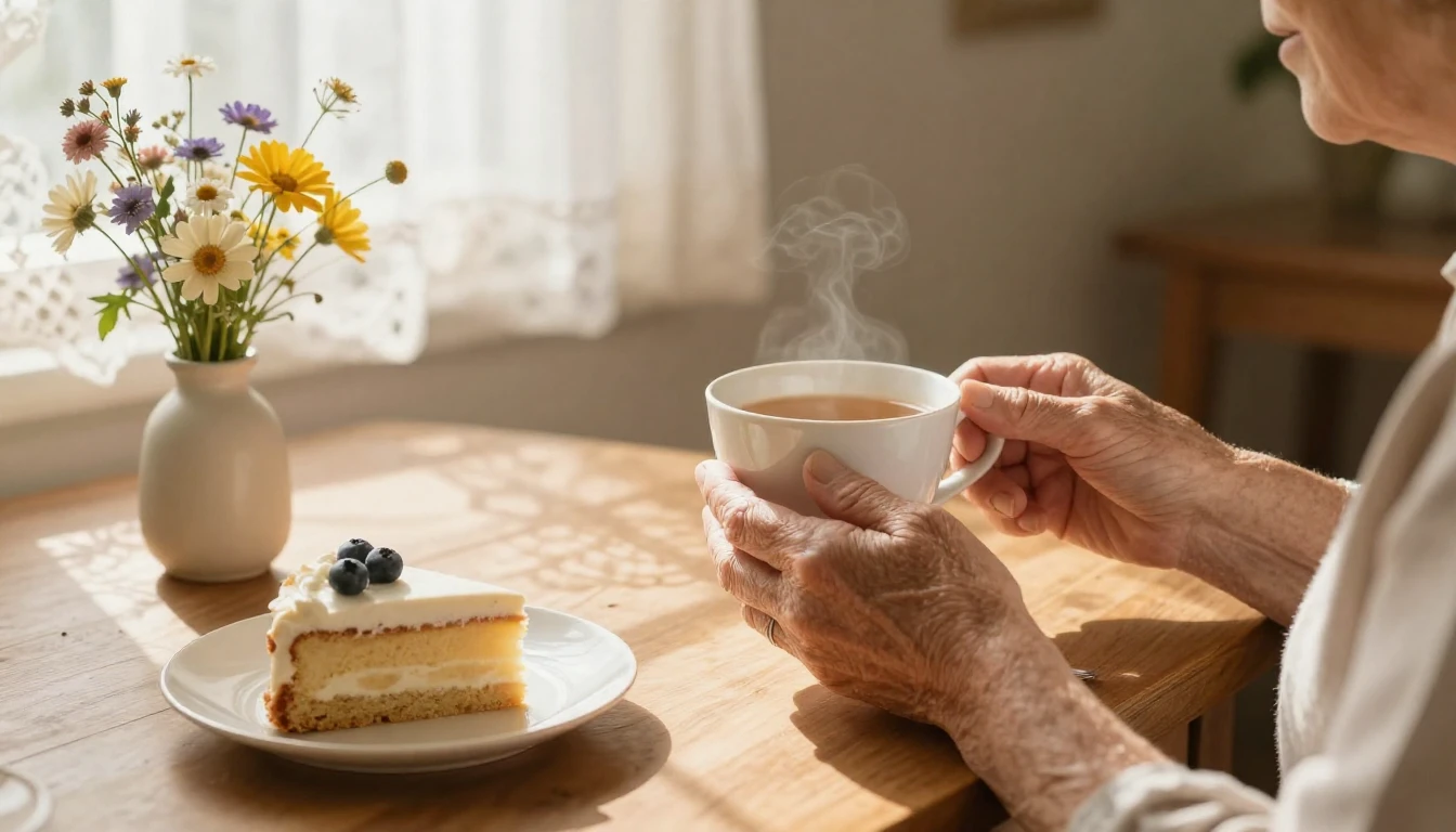 A warm and cozy scene featuring an elderly woman's hands hol...