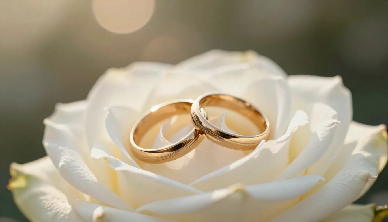 A beautiful romantic scene of two golden wedding rings resti...