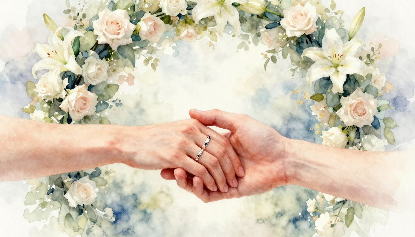 A romantic and dreamy watercolor painting focusing on two ha...