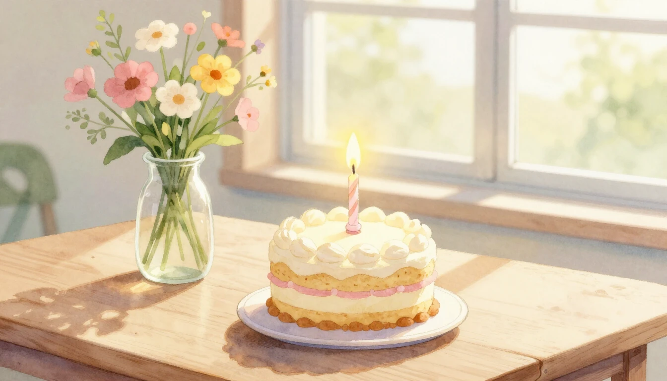 A heartwarming watercolor illustration of a small birthday c...