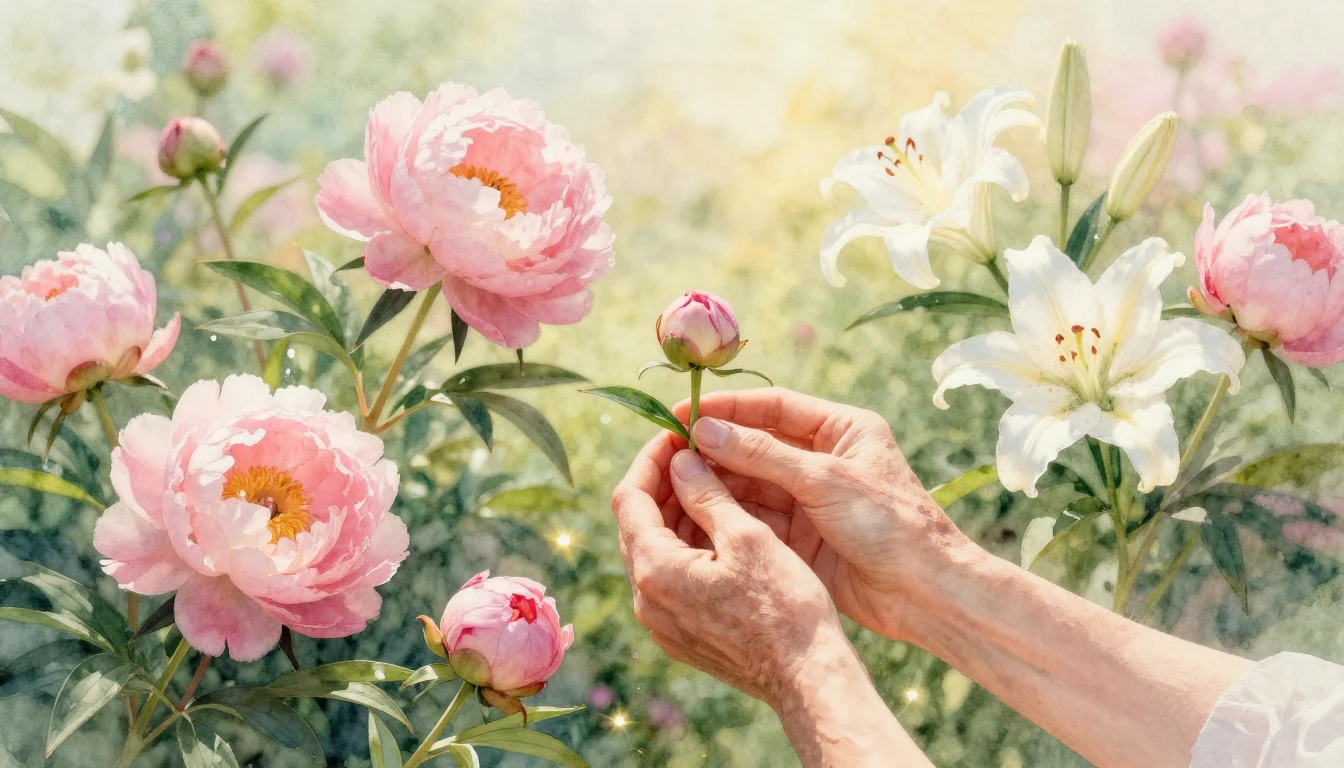 A soft watercolor painting depicting a blooming garden with ...