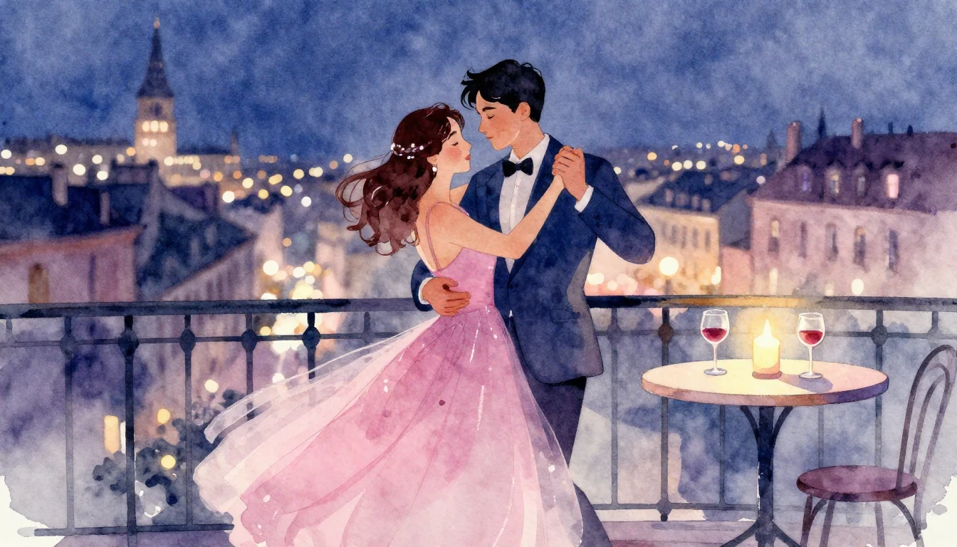 A romantic watercolor illustration of a couple dancing slowl...
