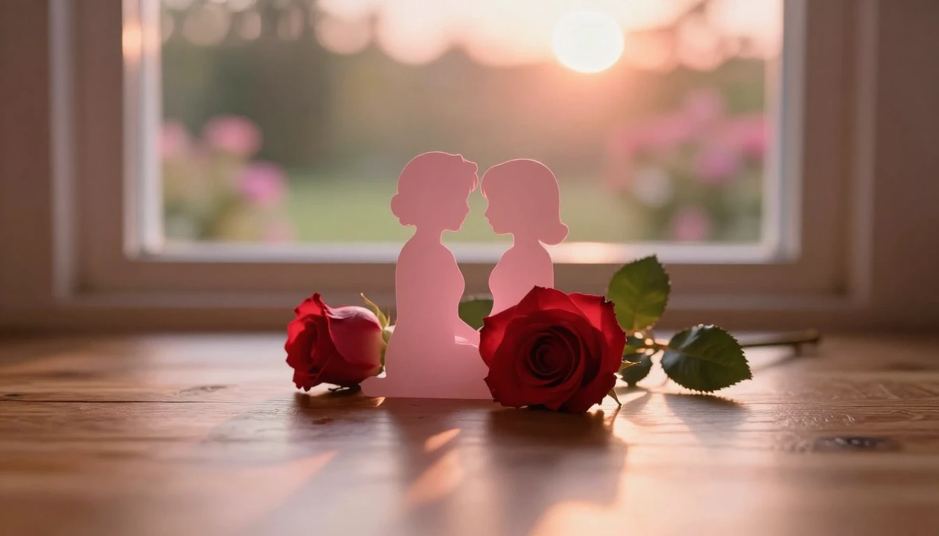 A delicate and ethereal scene featuring two intertwined silh...