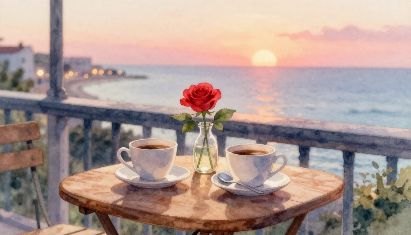 A romantic and intimate scene painted in soft watercolor. A ...