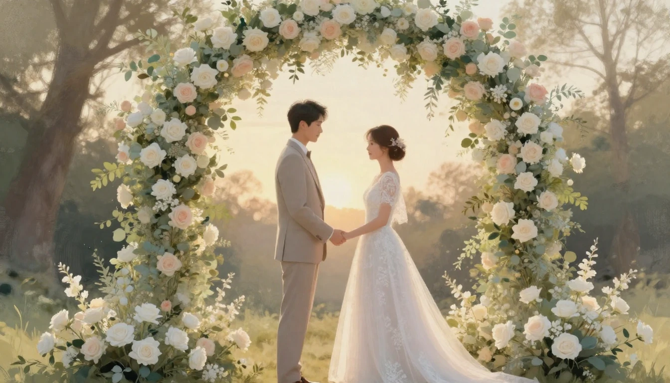 A soft and romantic scene of a bride and groom standing unde...